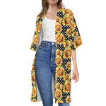 Watercolor Polka Dot Sunflower Print Open Front Beach Cover Up