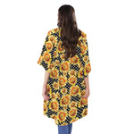 Watercolor Polka Dot Sunflower Print Open Front Beach Cover Up