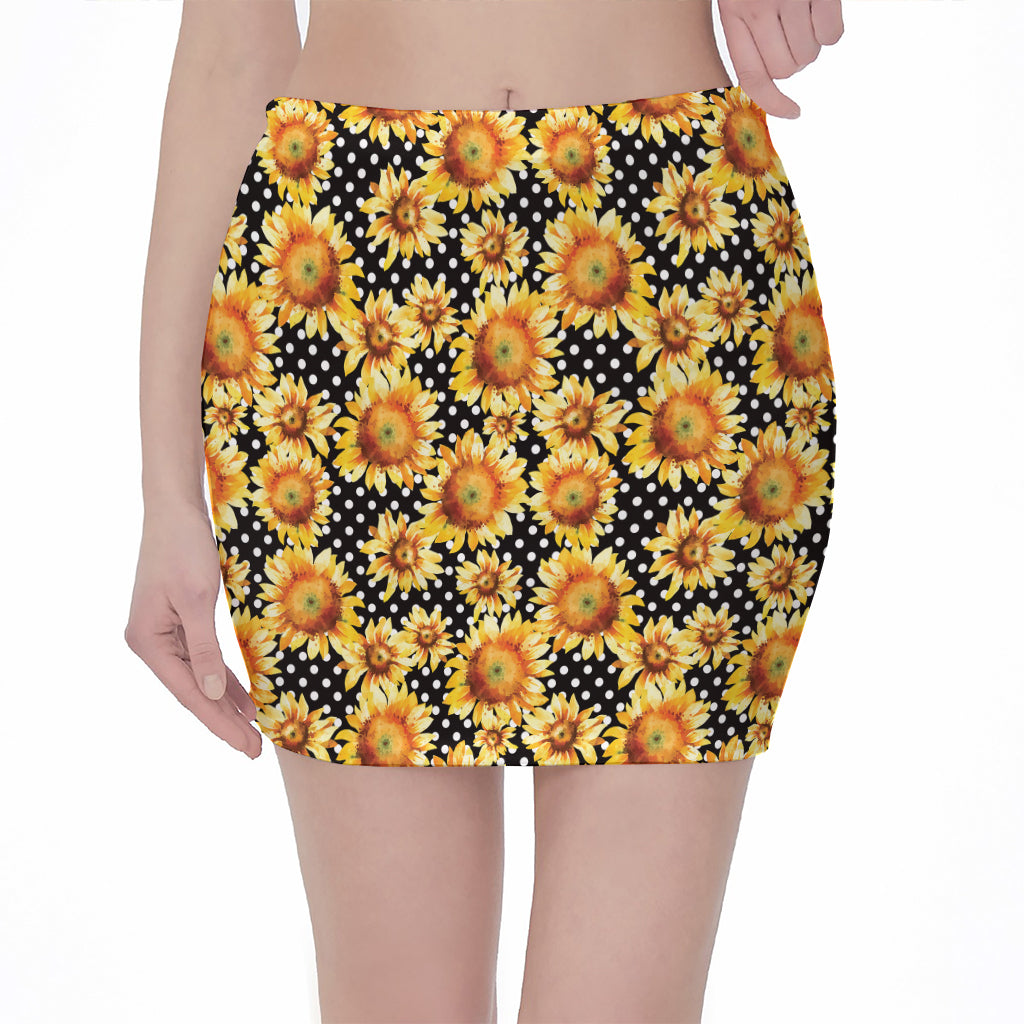 Watercolor Polka Dot Sunflower Print Pencil Mini Skirt