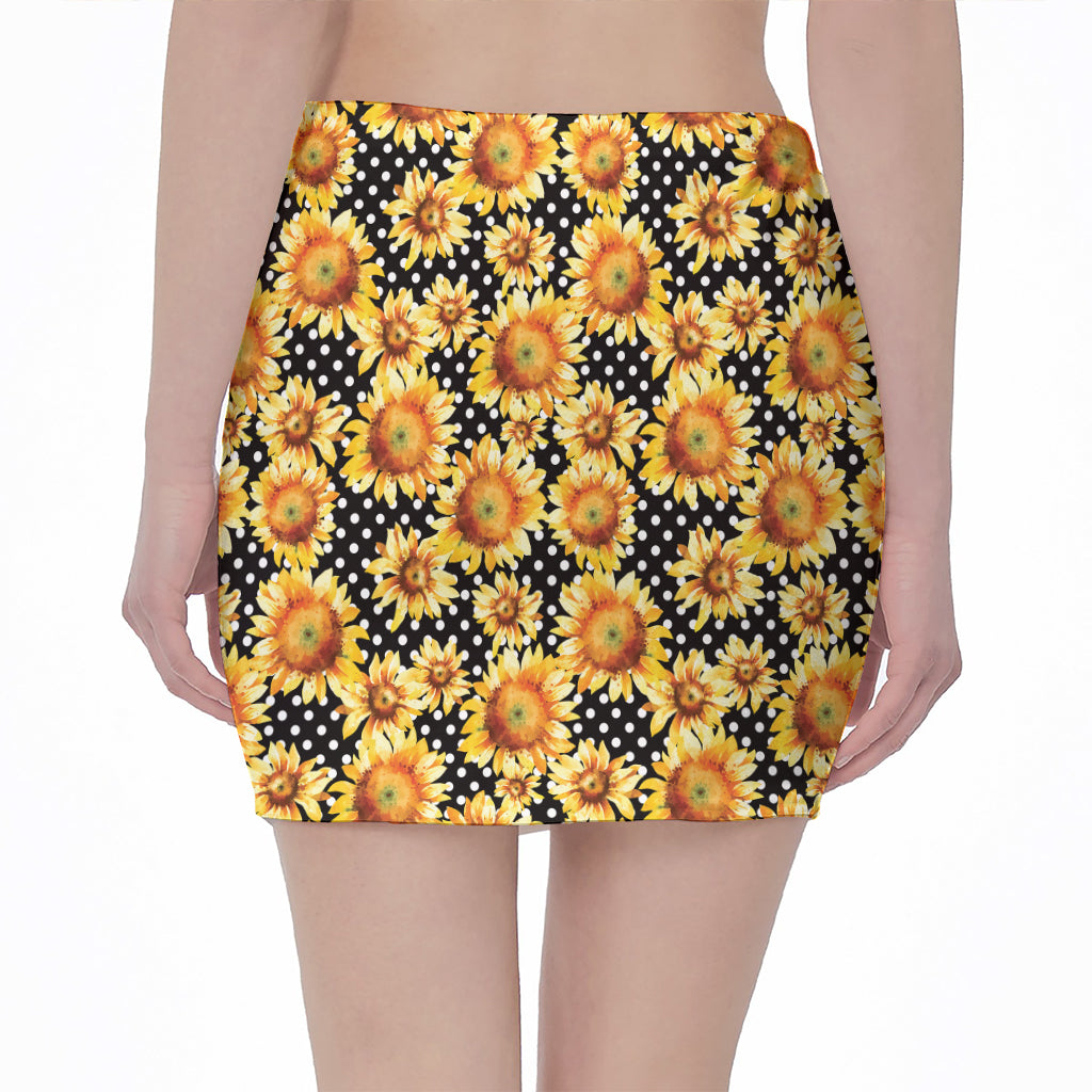 Watercolor Polka Dot Sunflower Print Pencil Mini Skirt