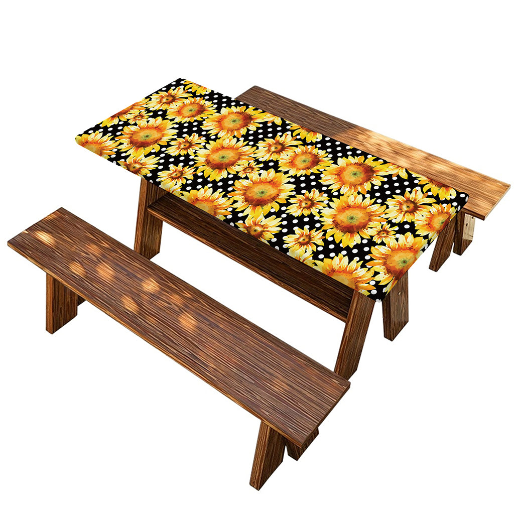 Watercolor Polka Dot Sunflower Print Picnic Table Cover