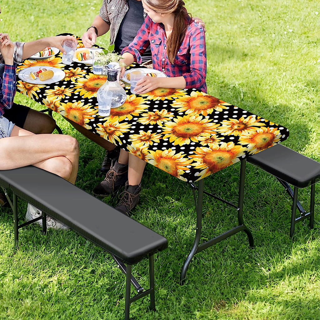 Watercolor Polka Dot Sunflower Print Picnic Table Cover
