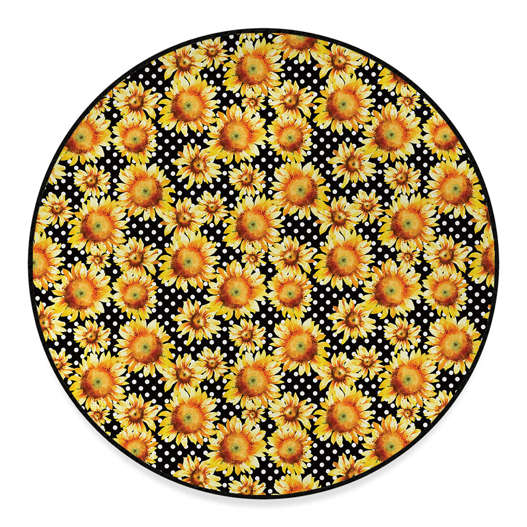 Watercolor Polka Dot Sunflower Print Round Floor Mat