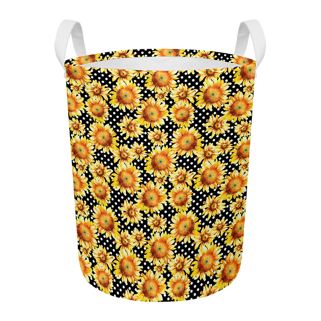 Watercolor Polka Dot Sunflower Print Round Laundry Basket