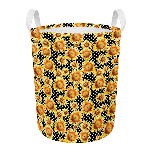 Watercolor Polka Dot Sunflower Print Round Laundry Basket