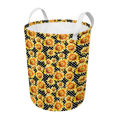 Watercolor Polka Dot Sunflower Print Round Laundry Basket