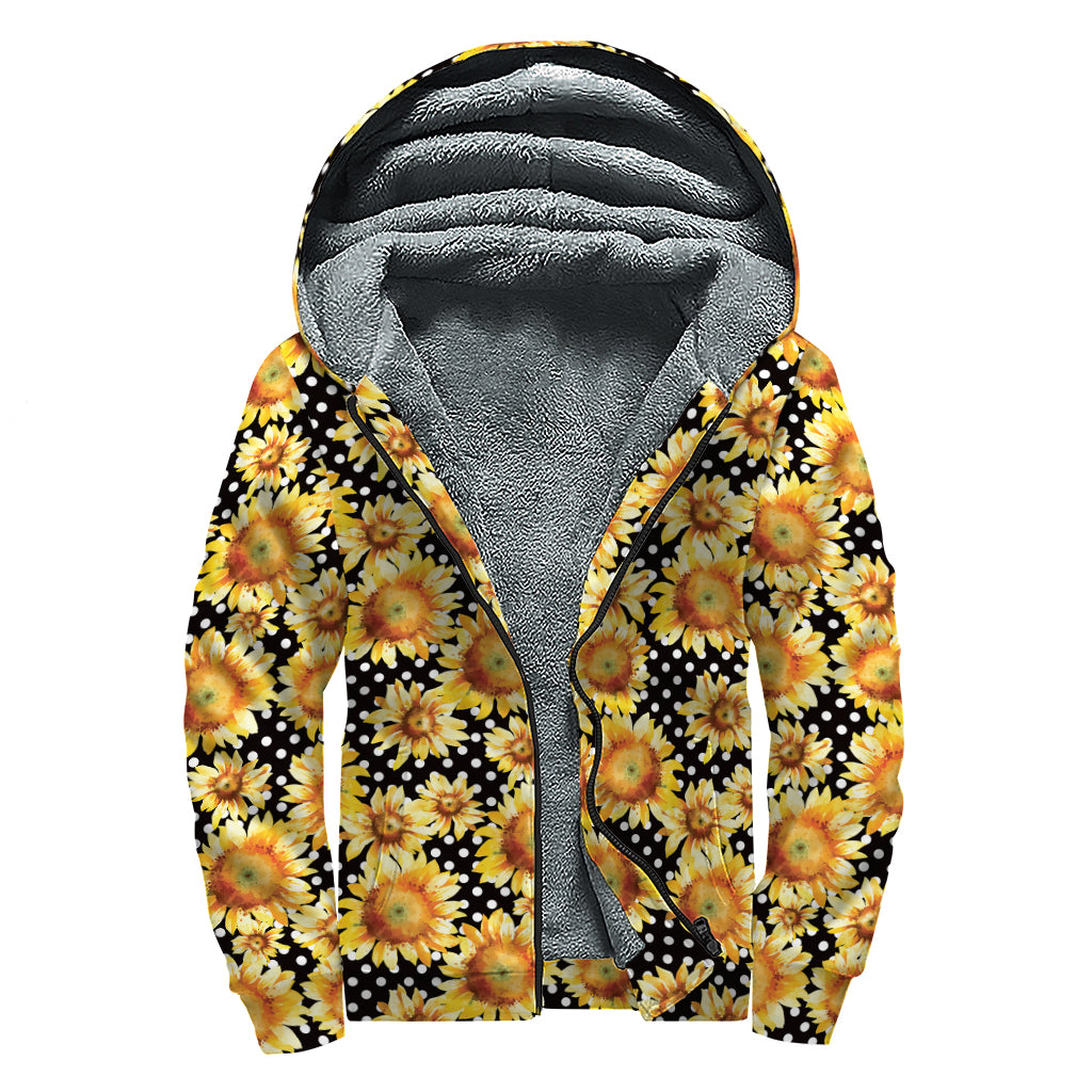 Watercolor Polka Dot Sunflower Print Sherpa Lined Zip Up Hoodie