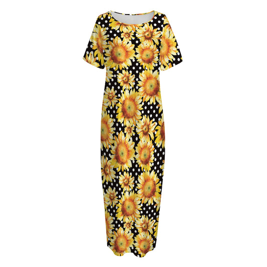 Watercolor Polka Dot Sunflower Print Short Sleeve Long Nightdress