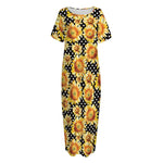 Watercolor Polka Dot Sunflower Print Short Sleeve Long Nightdress