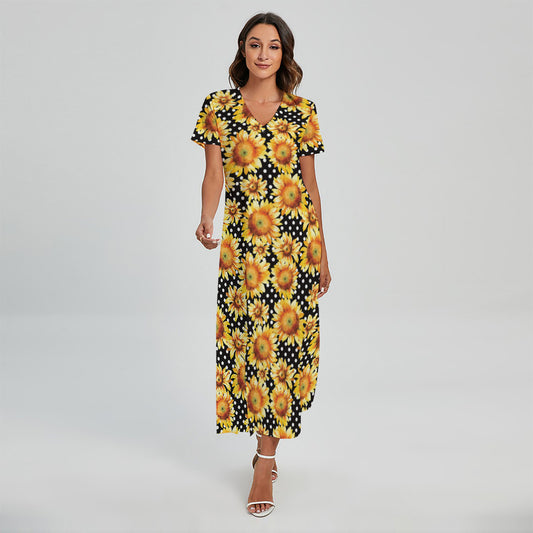 Watercolor Polka Dot Sunflower Print Short Sleeve Maxi Dress