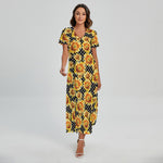 Watercolor Polka Dot Sunflower Print Short Sleeve Maxi Dress