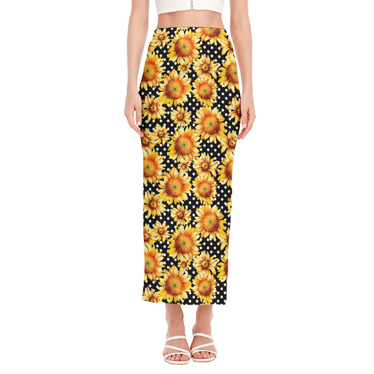 Watercolor Polka Dot Sunflower Print Side Slit Maxi Skirt