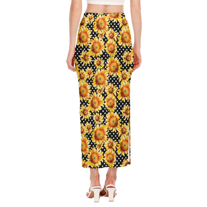 Watercolor Polka Dot Sunflower Print Side Slit Maxi Skirt