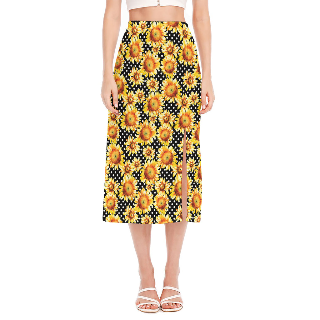Watercolor Polka Dot Sunflower Print Side Slit Midi Skirt