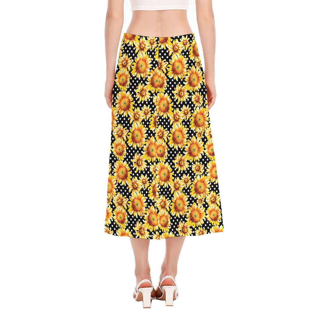 Watercolor Polka Dot Sunflower Print Side Slit Midi Skirt