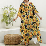 Watercolor Polka Dot Sunflower Print Silk V-Neck Kaftan Dress