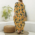 Watercolor Polka Dot Sunflower Print Silk V-Neck Kaftan Dress