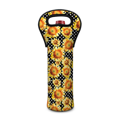 Watercolor Polka Dot Sunflower Print Single Neoprene Wine Tote