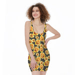 Watercolor Polka Dot Sunflower Print Sleeveless Bodycon Dress