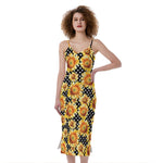 Watercolor Polka Dot Sunflower Print Slim Fit Midi Cami Dress