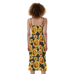 Watercolor Polka Dot Sunflower Print Slim Fit Midi Cami Dress