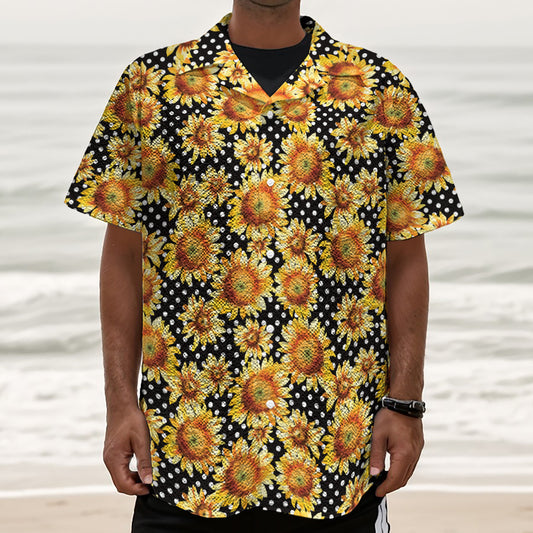 Watercolor Polka Dot Sunflower Print Textured Short Sleeve Shirt