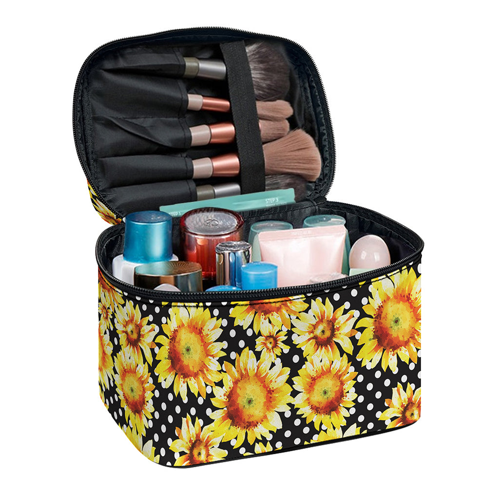 Watercolor Polka Dot Sunflower Print Travel Makeup Bag