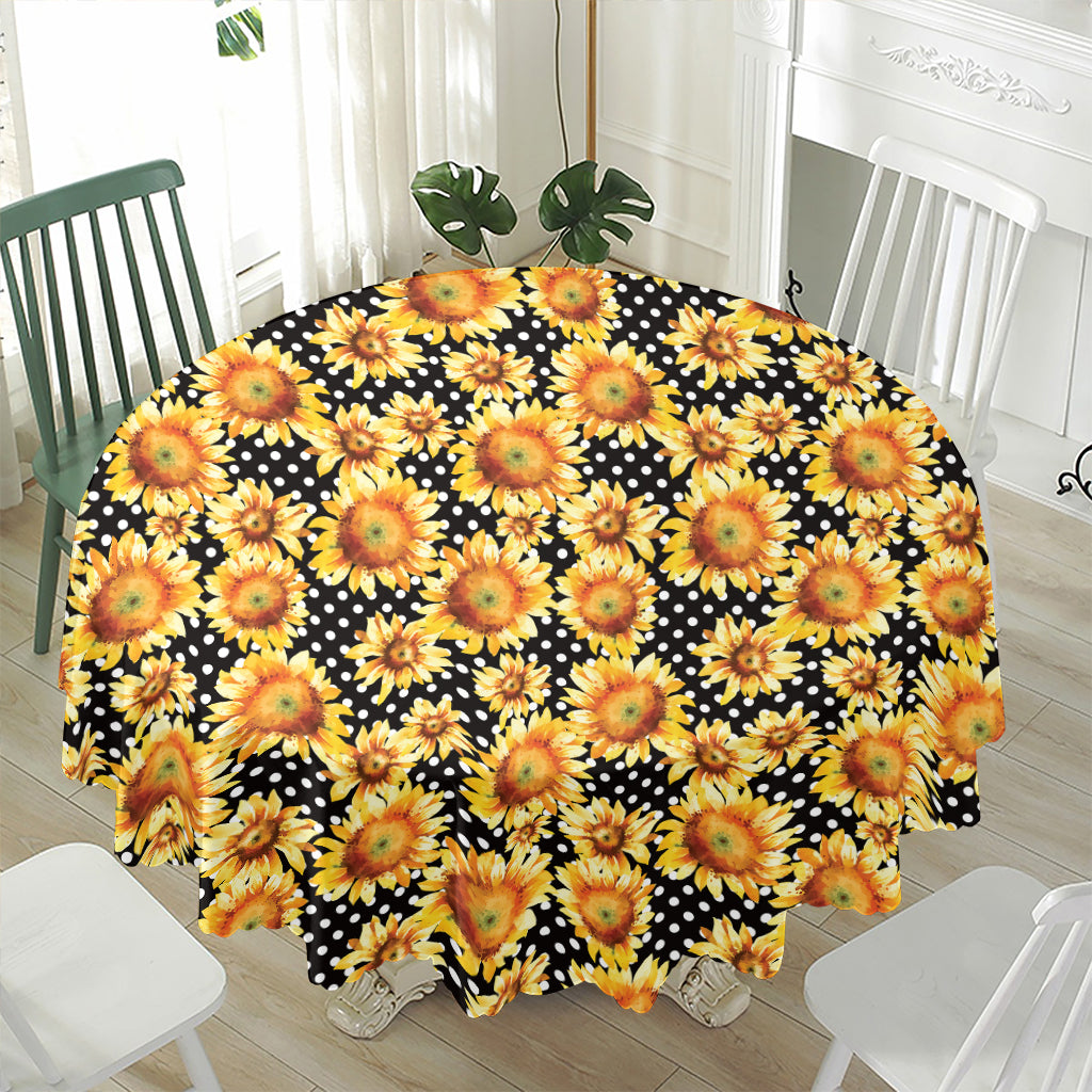 Watercolor Polka Dot Sunflower Print Waterproof Round Tablecloth