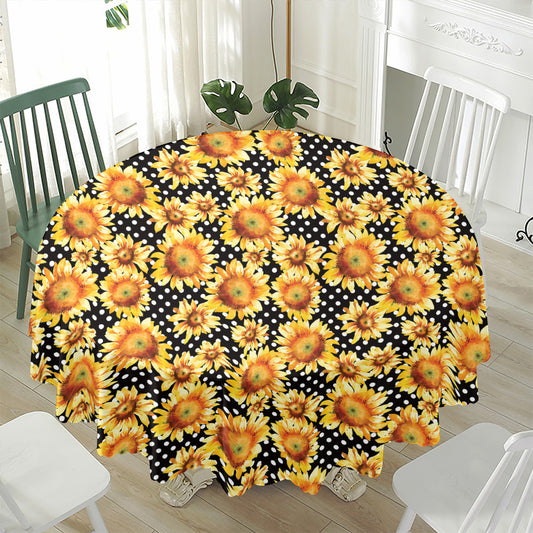 Watercolor Polka Dot Sunflower Print Waterproof Round Tablecloth
