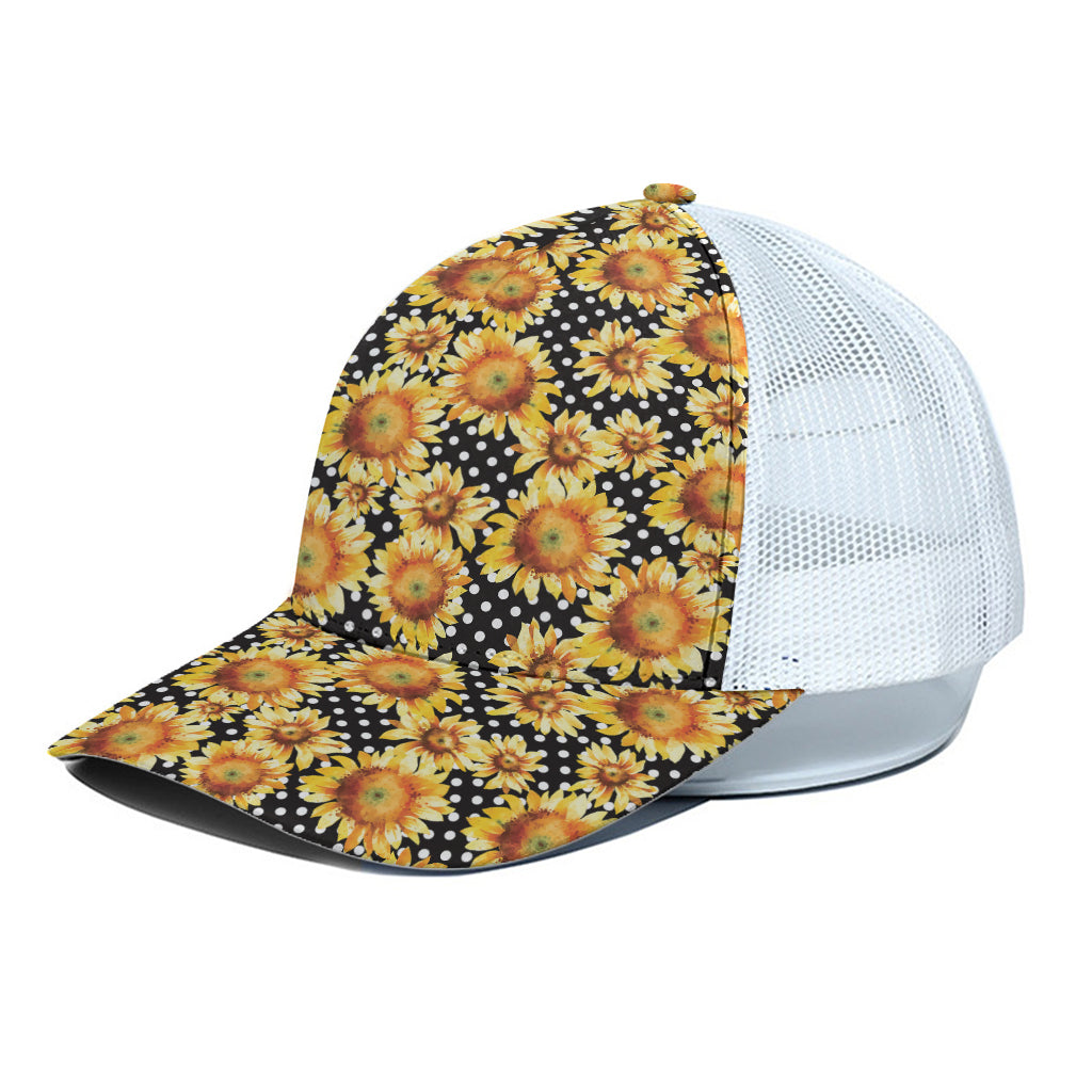 Watercolor Polka Dot Sunflower Print White Mesh Trucker Cap