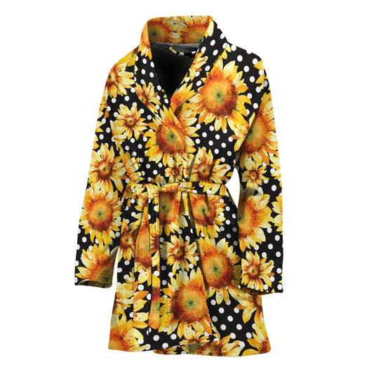 Watercolor Polka Dot Sunflower Print Women's Bathrobe