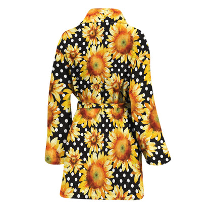 Watercolor Polka Dot Sunflower Print Women's Bathrobe
