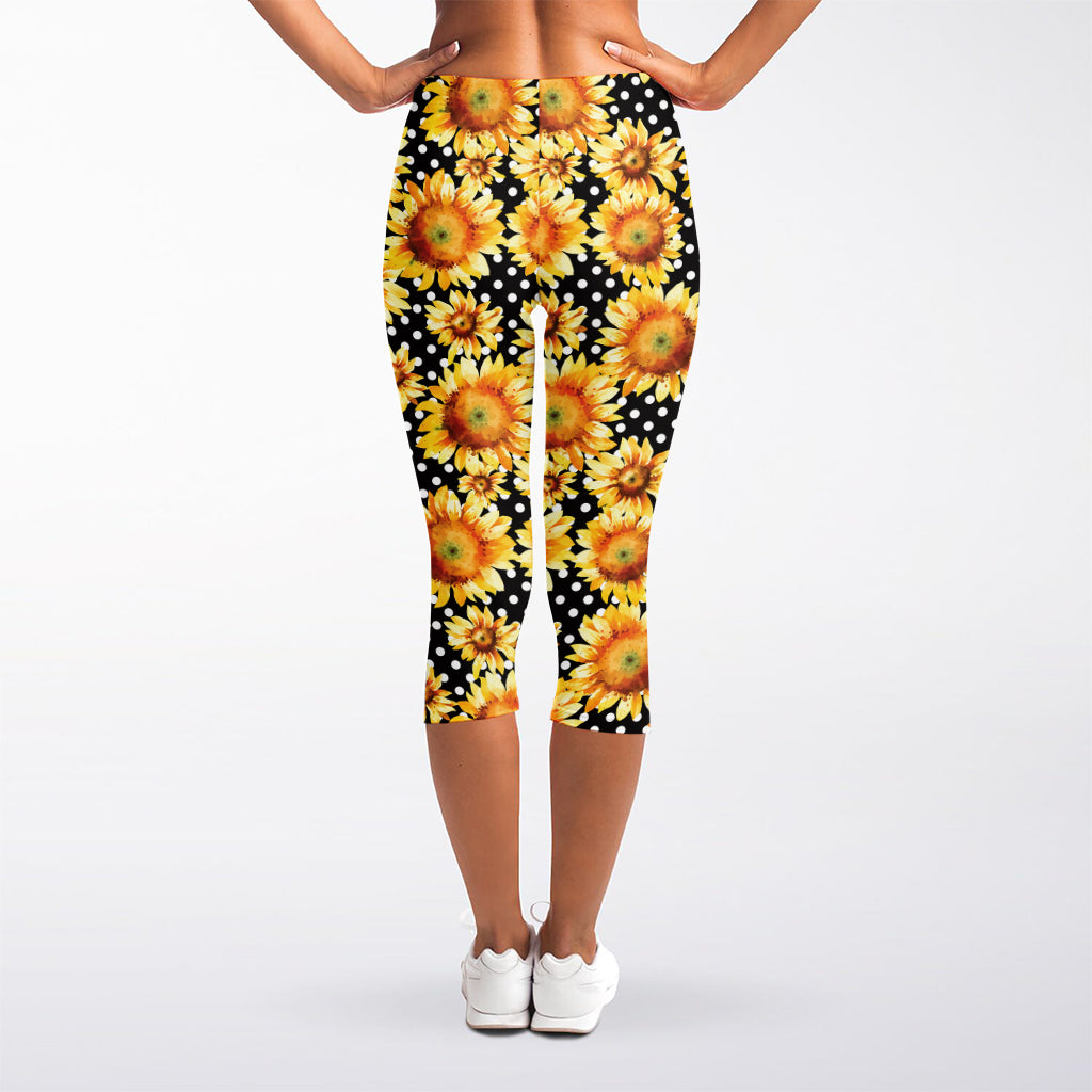 Watercolor Polka Dot Sunflower Print Women's Capri Leggings