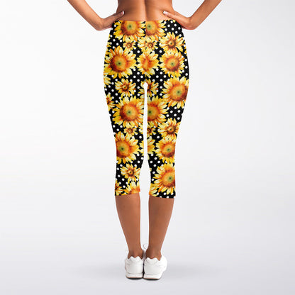 Watercolor Polka Dot Sunflower Print Women's Capri Leggings