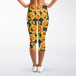 Watercolor Polka Dot Sunflower Print Women's Capri Leggings