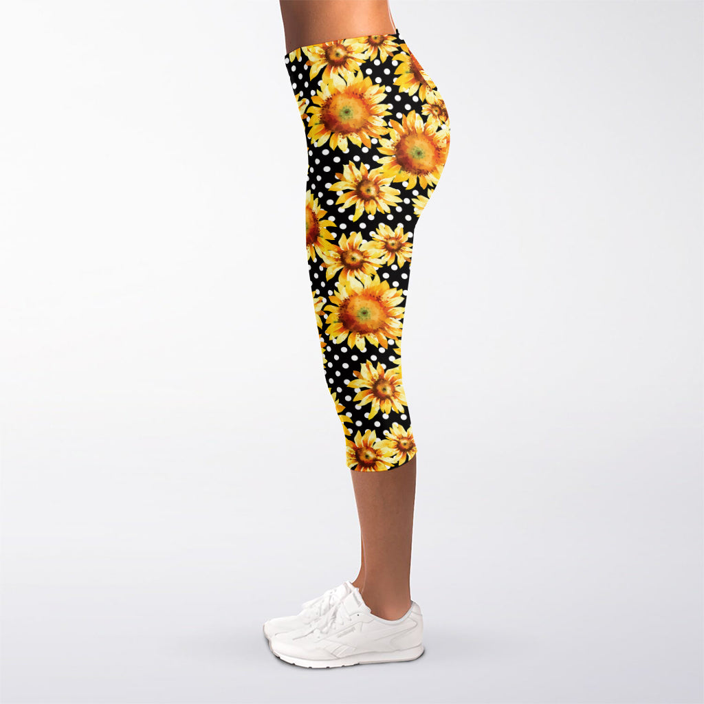 Watercolor Polka Dot Sunflower Print Women's Capri Leggings