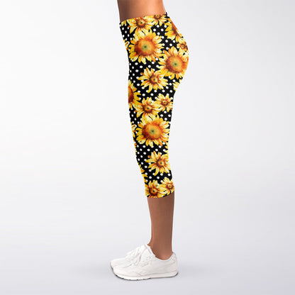 Watercolor Polka Dot Sunflower Print Women's Capri Leggings