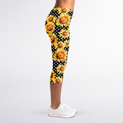 Watercolor Polka Dot Sunflower Print Women's Capri Leggings