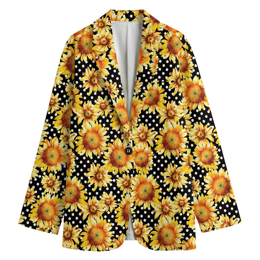 Watercolor Polka Dot Sunflower Print Women's Cotton Blazer