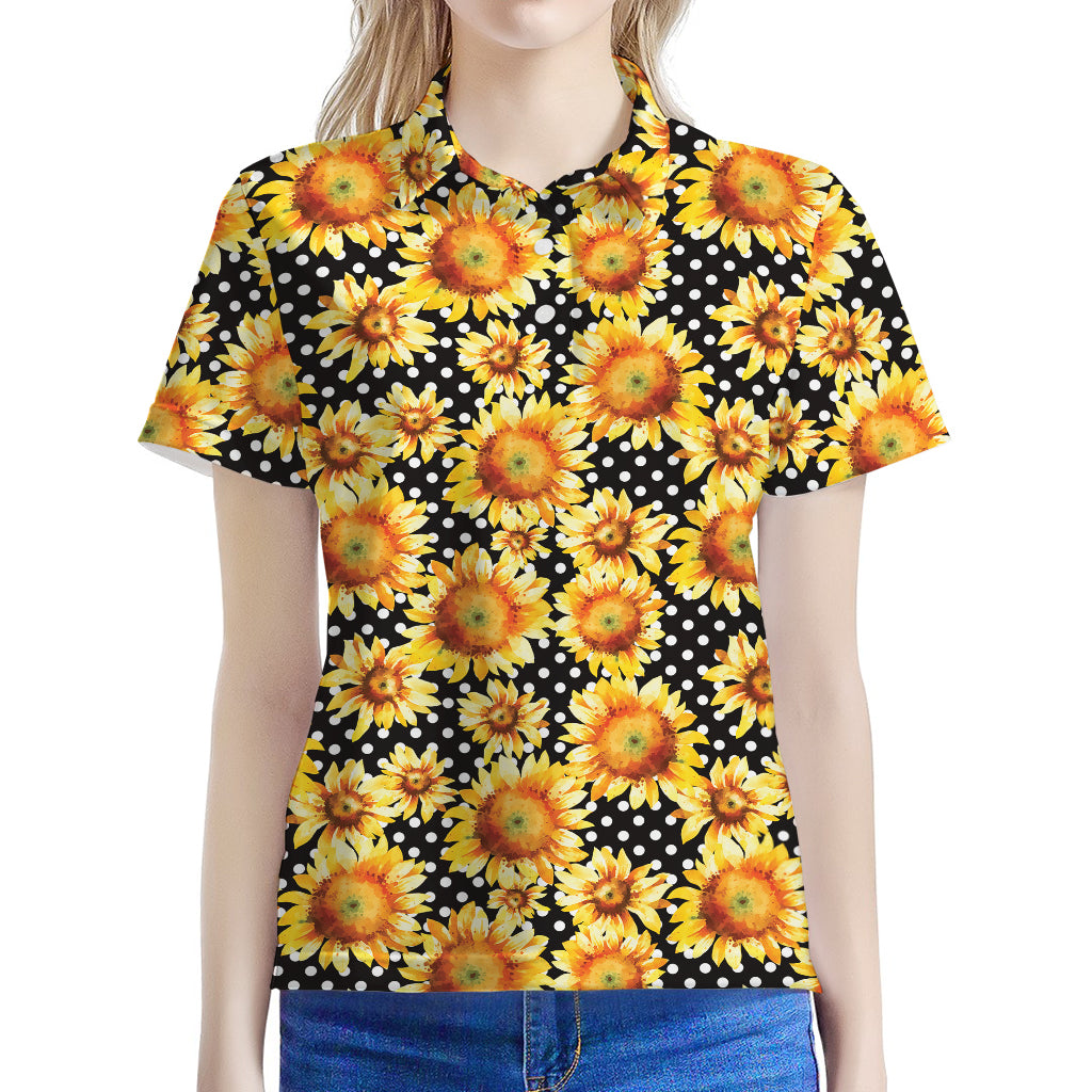 Watercolor Polka Dot Sunflower Print Women's Polo Shirt