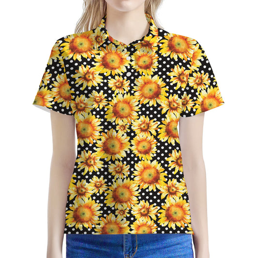 Watercolor Polka Dot Sunflower Print Women's Polo Shirt