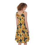 Watercolor Polka Dot Sunflower Print Women's Sleeveless Dress