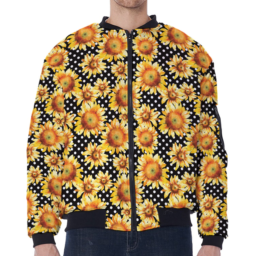 Watercolor Polka Dot Sunflower Print Zip Sleeve Bomber Jacket