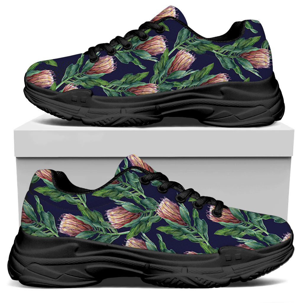 Watercolor Protea Pattern Print Black Chunky Shoes