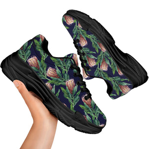 Watercolor Protea Pattern Print Black Chunky Shoes