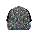 Watercolor Protea Pattern Print Black Mesh Trucker Cap