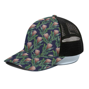 Watercolor Protea Pattern Print Black Mesh Trucker Cap