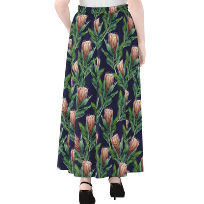 Watercolor Protea Pattern Print Chiffon Maxi Skirt