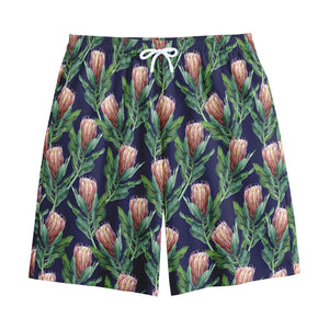 Watercolor Protea Pattern Print Cotton Shorts