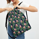 Watercolor Protea Pattern Print Drawstring Backpack